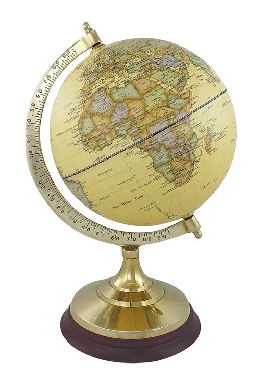 Földgömb, natúr, réz/fa talppal, m: 34 cm, ø: 20/16,5 cm