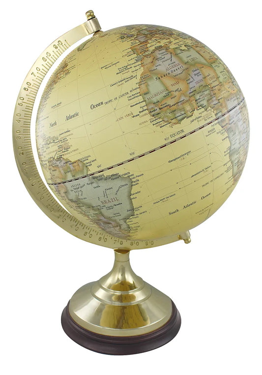 Földgömb, természetes, sárgaréz/fa talppal, m: 47cm, ø: 30/20cm