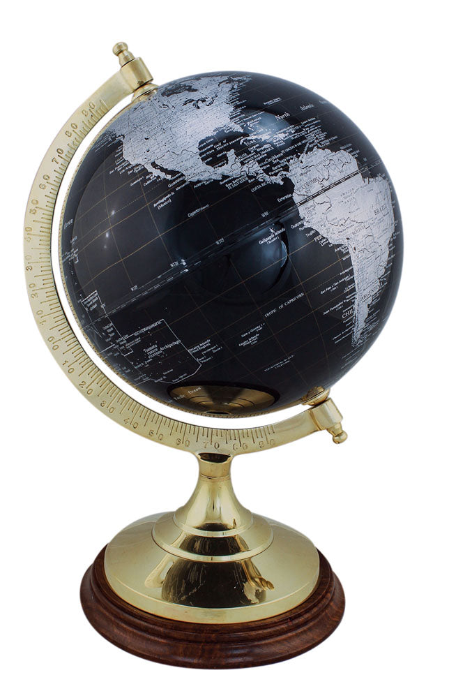 Glóbusz, fekete, sárgaréz/fa talppal, magasság: 34 cm, átmérő: 20/16,5 cm