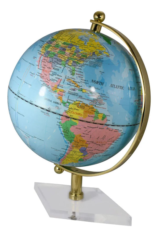 Földgömb, világoskék, sárgaréz akril alapon, M: 44cm, Ø: 30cm