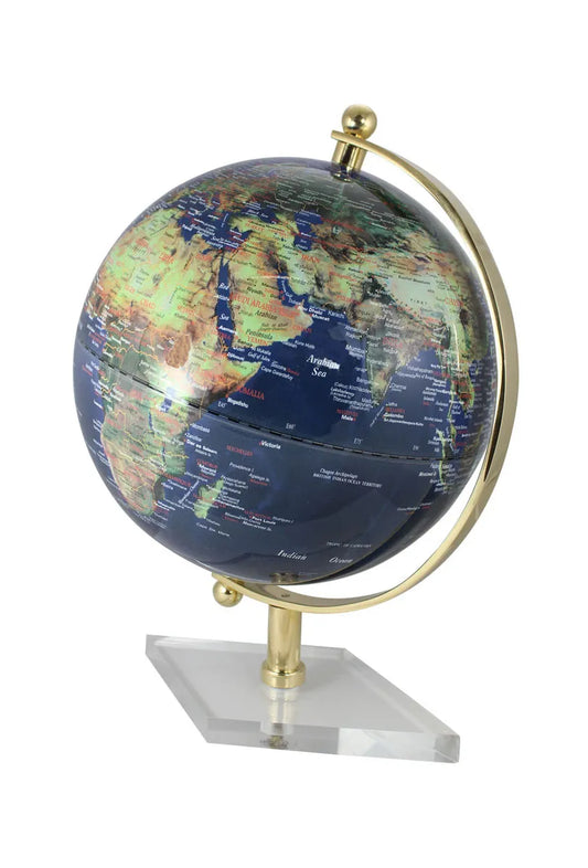 Földgömb, sötétkék, réz akril alapon, magasság: 19 cm, átmérő: 12,5 cm