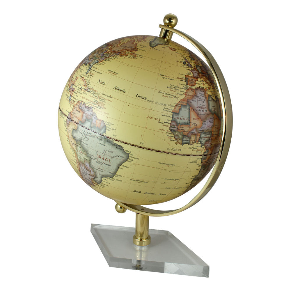 Glóbusz, krémszínű, sárgaréz akril alapon, M: 44cm, Ø: 30cm