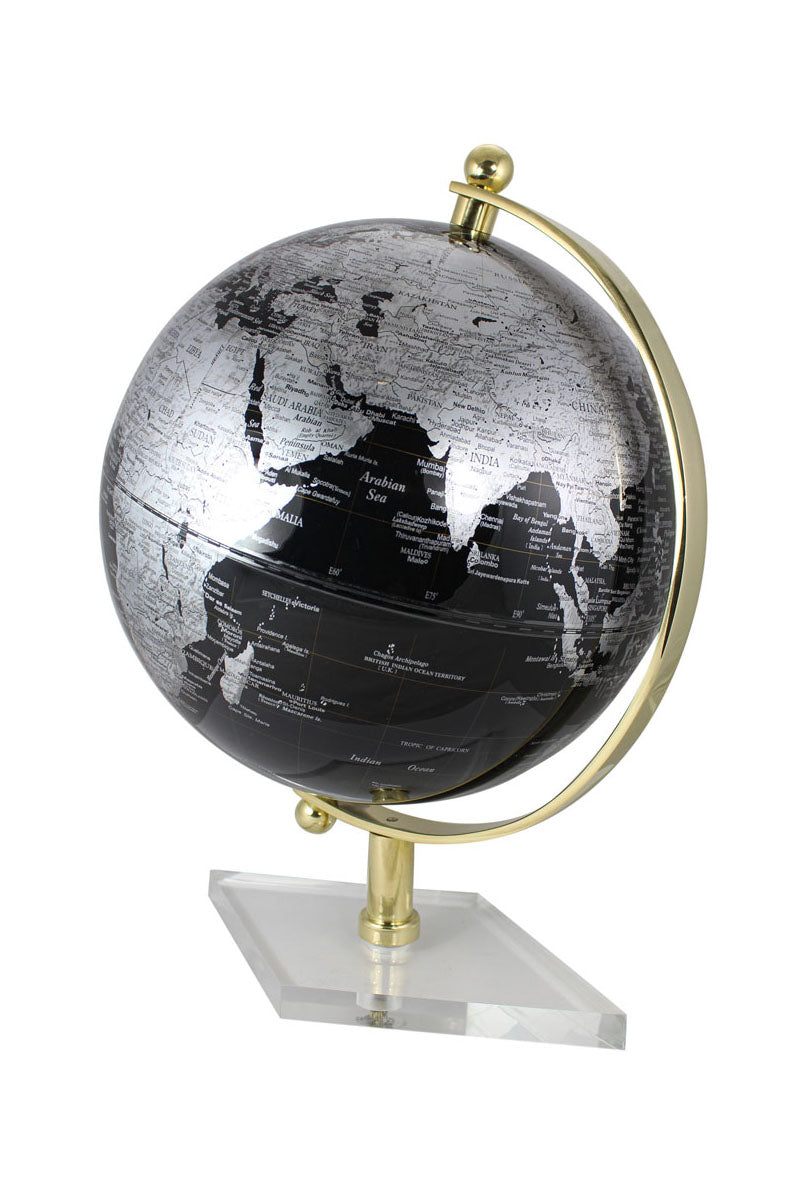 Glóbusz, fekete, sárgaréz akril alapon, magasság: 19 cm, átmérő: 12,5 cm