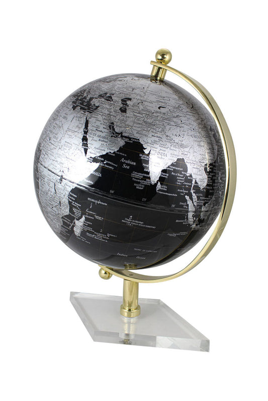 Glóbusz, fekete, sárgaréz akril alapon, magasság: 19 cm, átmérő: 12,5 cm