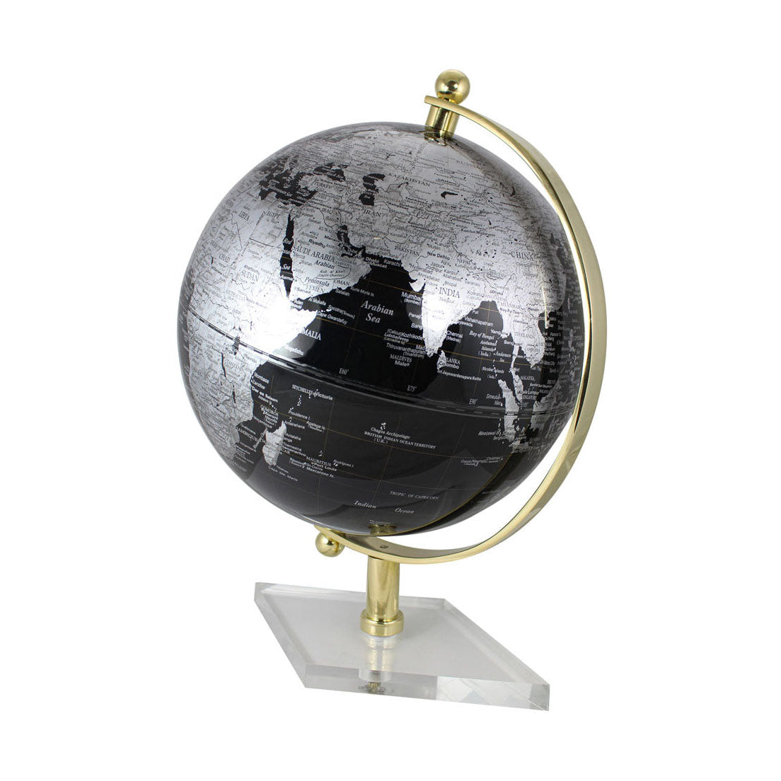 Glóbusz, fekete, sárgaréz akril alapon, M: 29,5cm, Átm: 20cm