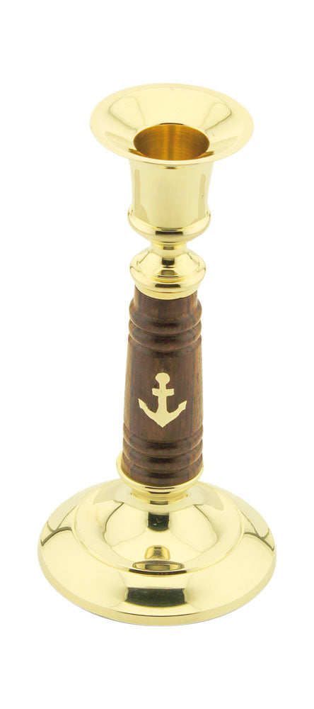 Gyertyatartó, sárgaréz/fa, M: 15cm, Ø: 4,7 / 7,5cm