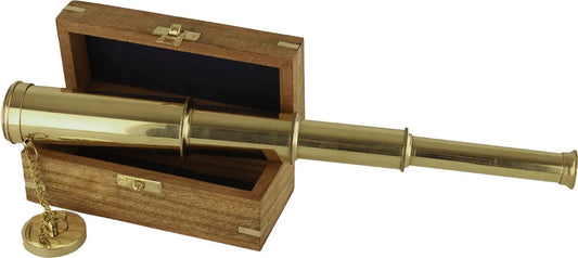 Távcső sárgaréz, H: 14,5/38cm, Ø: 2,5/4cm, fadobozban