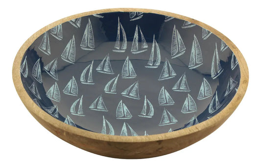 Tál - vitorlások, mangófa zománccal, átmérő: 30 cm, magasság: 7,5 cm