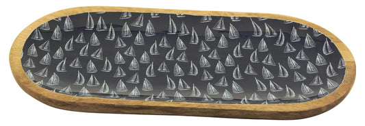 Tányér - Vitorlások, ovális, mangófa zománccal, 40x18,5x2,5cm