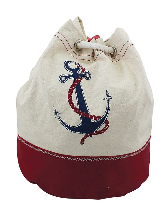 Hátizsák horgony mintával, pamut, krém/piros/kék, m: 30 cm, ø: 25 cm