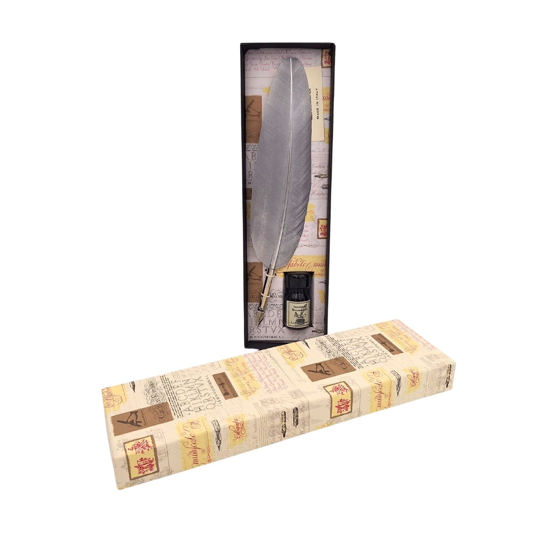 Kalligráfia Készlet – Ezüst Libatoll Toll Heggyel + Fekete Tinta