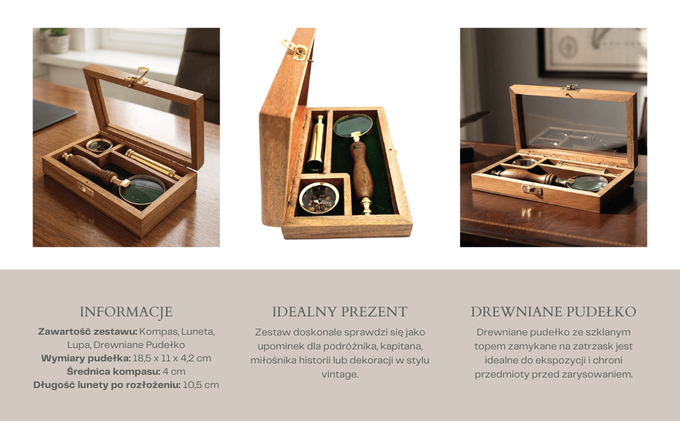 Utazó Készlet – Távcső + Iránytű + Nagyító Fa Dobozban –