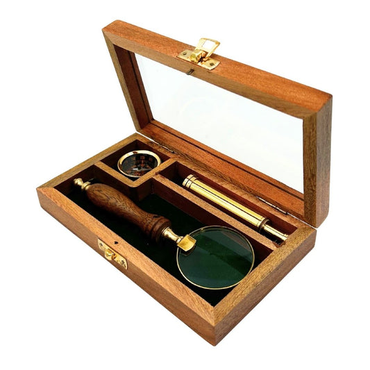 Utazó Készlet – Távcső + Iránytű + Nagyító Fa Dobozban