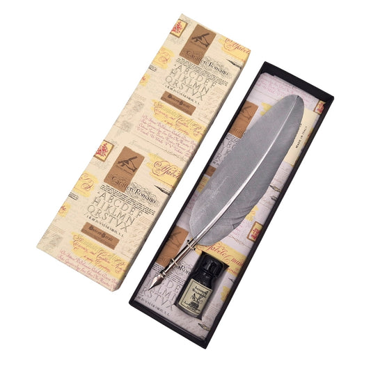 Kalligráfia Készlet – Ezüst Libatoll Toll Heggyel + Fekete Tinta