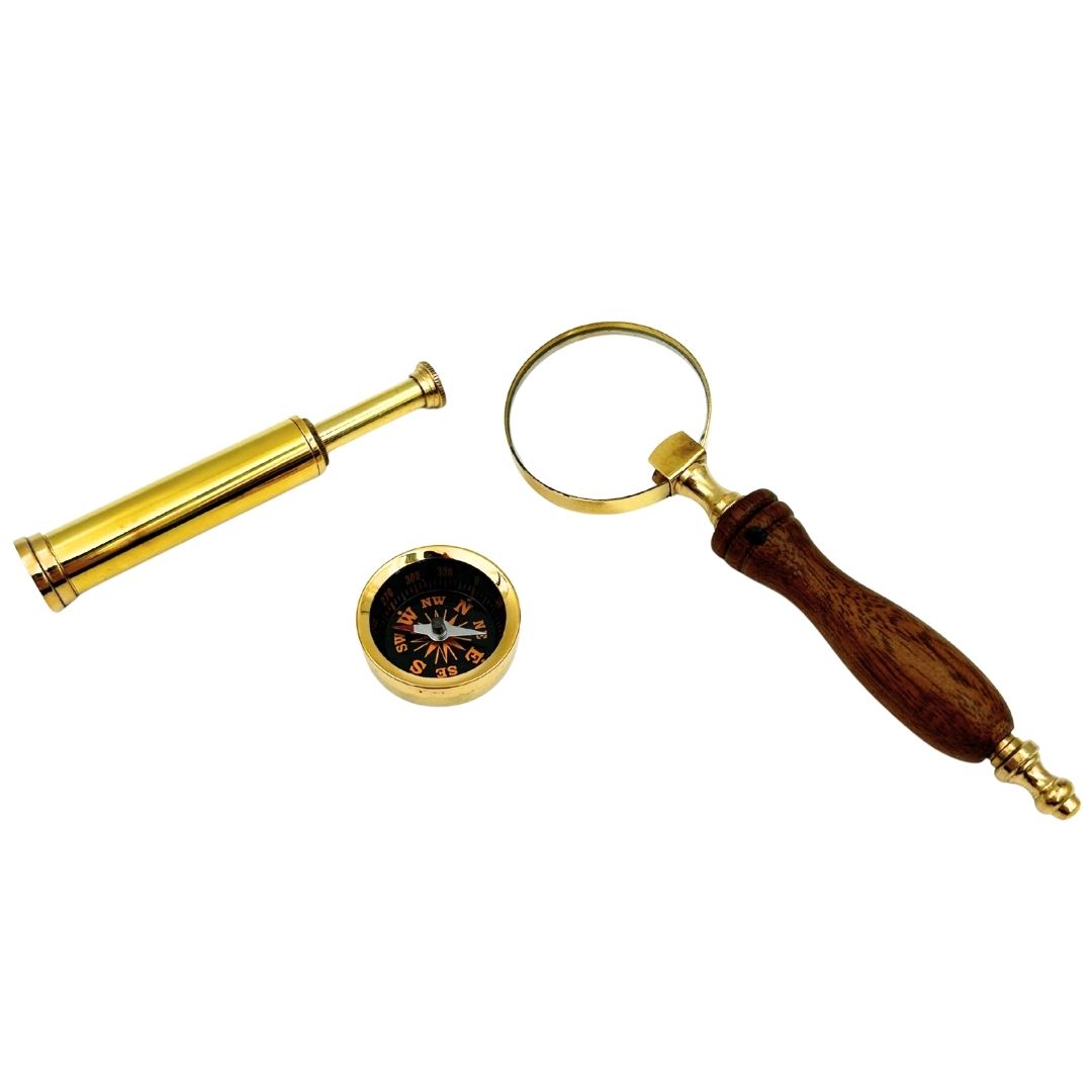 Utazó Készlet – Távcső + Iránytű + Nagyító Fa Dobozban –