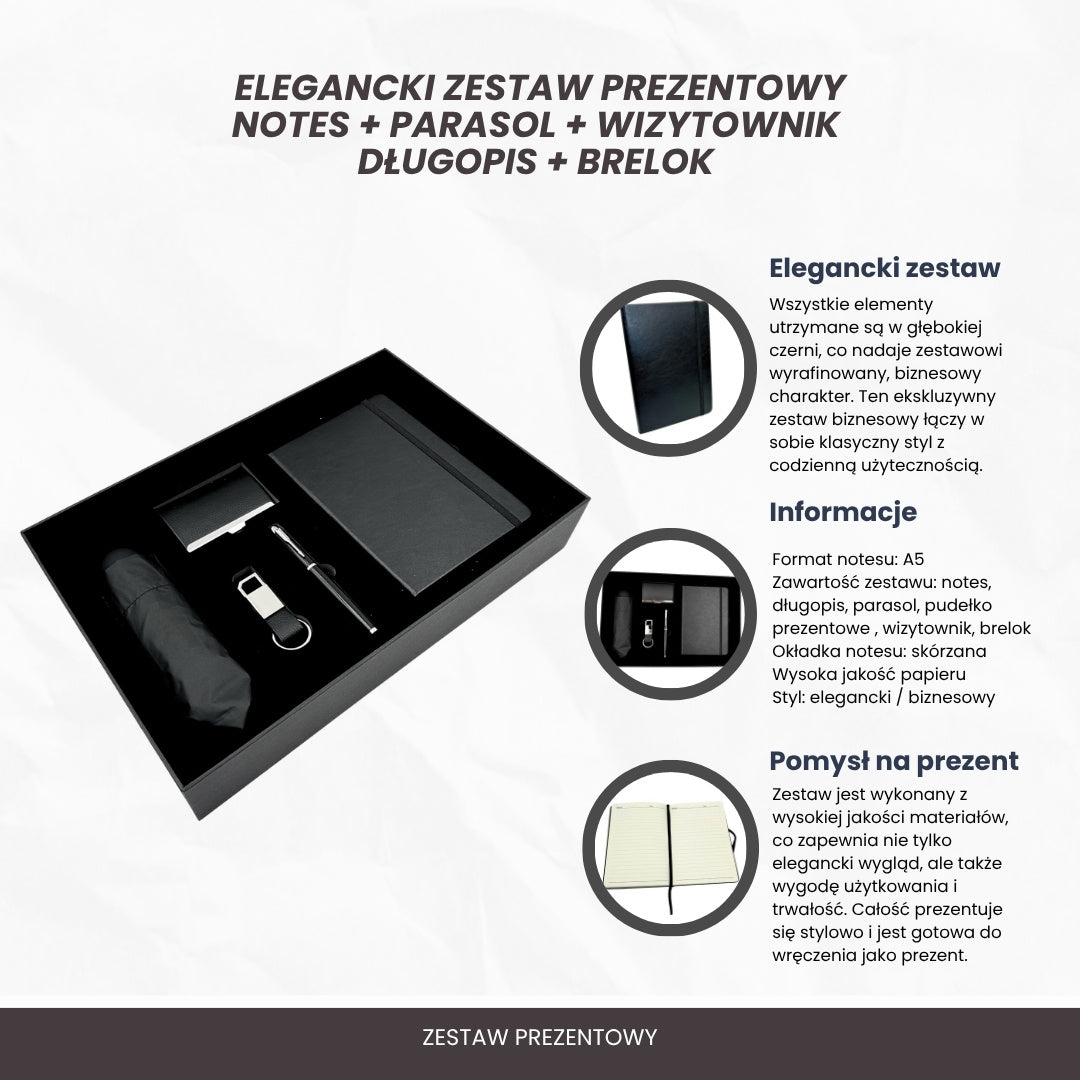 Elegáns üzleti prémium ajándékszett - bőr jegyzetfüzet, esernyő, névjegytartó, toll és kulcstartó