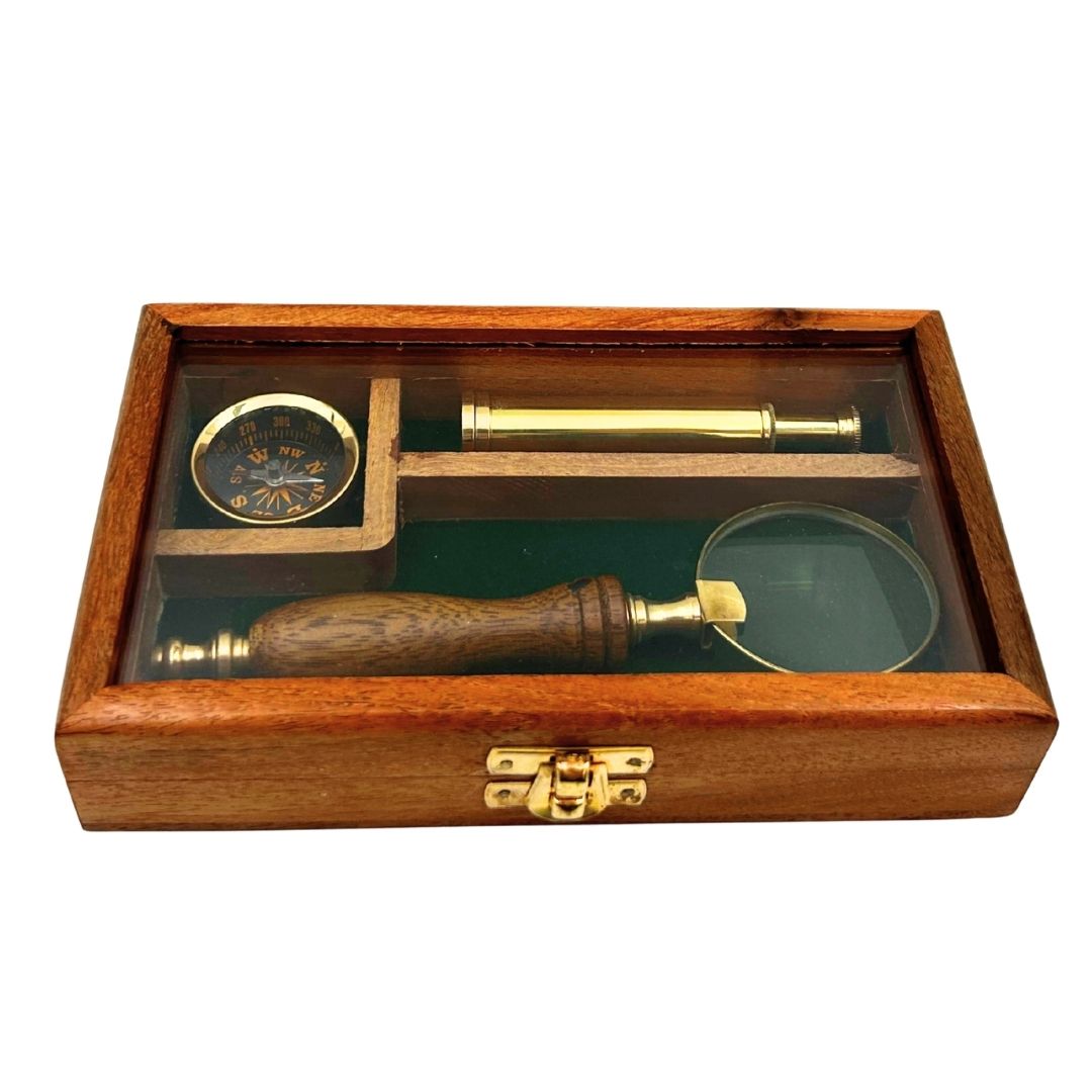 Utazó Készlet – Távcső + Iránytű + Nagyító Fa Dobozban –