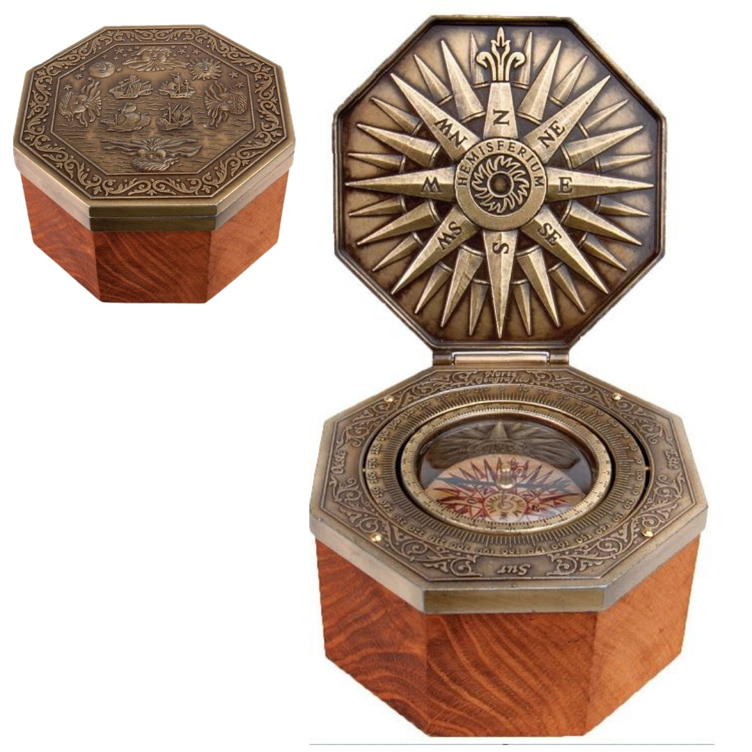 Nautikus Cardan sárgaréz iránytű fadobozban - reprodukció