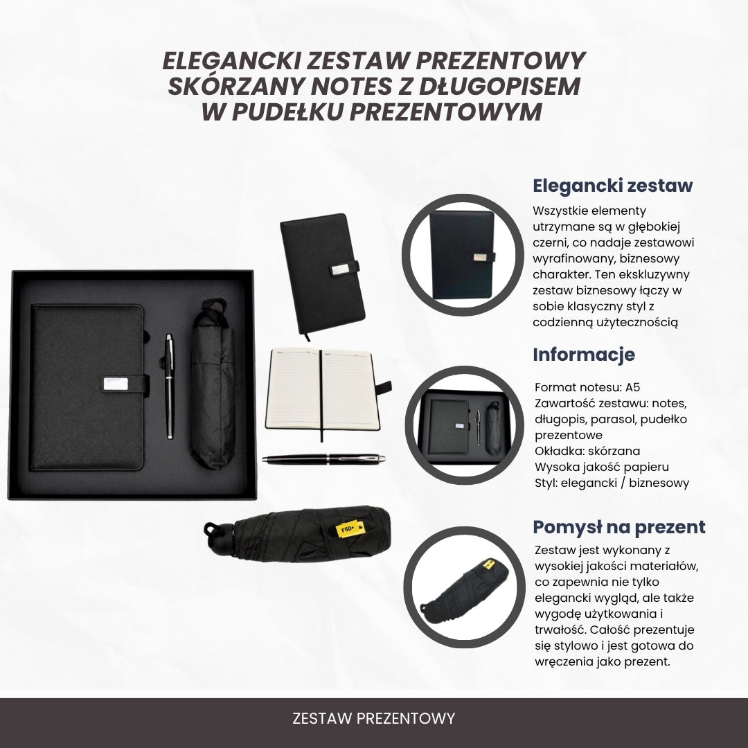 Elegáns ajándékszett - bőr jegyzetfüzet esernyővel és tollal, díszdobozban