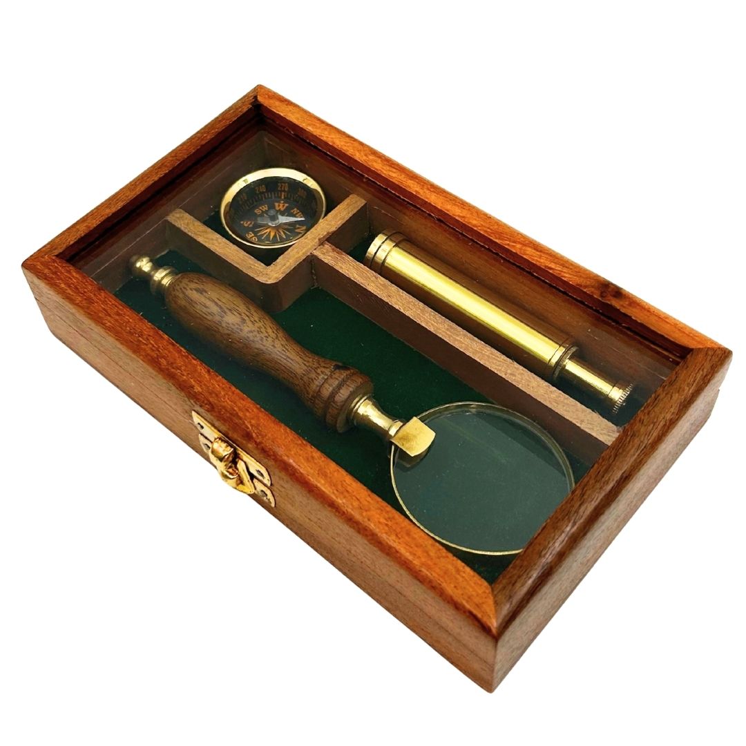 Utazó Készlet – Távcső + Iránytű + Nagyító Fa Dobozban –