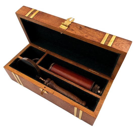 Vintage utazókészlet – iránytű + távcső + nagyító fadobozban