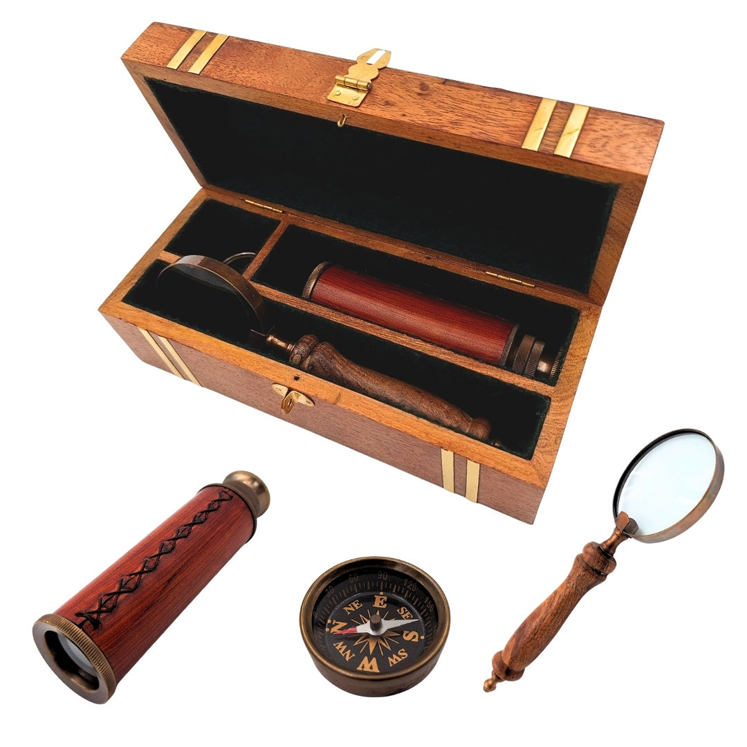 Vintage utazókészlet – iránytű + távcső + nagyító fadobozban
