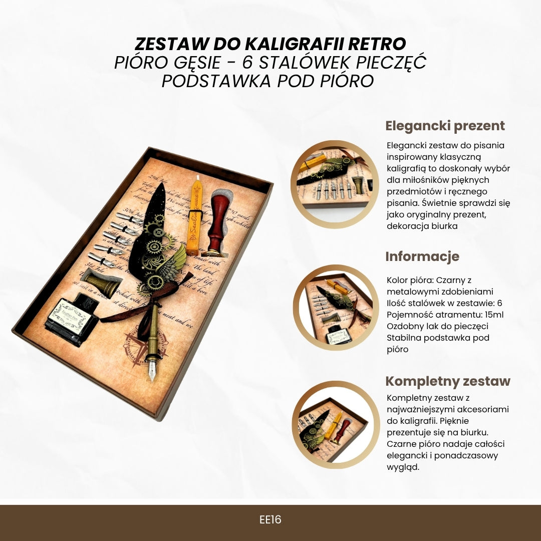 Prémium kalligráfia készlet - lúdtoll, 6 hegy, viaszpecsét és tolltartó