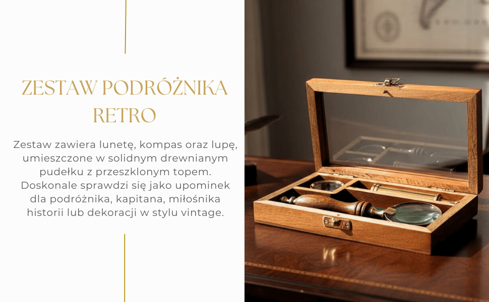 Utazó Készlet – Távcső + Iránytű + Nagyító Fa Dobozban –