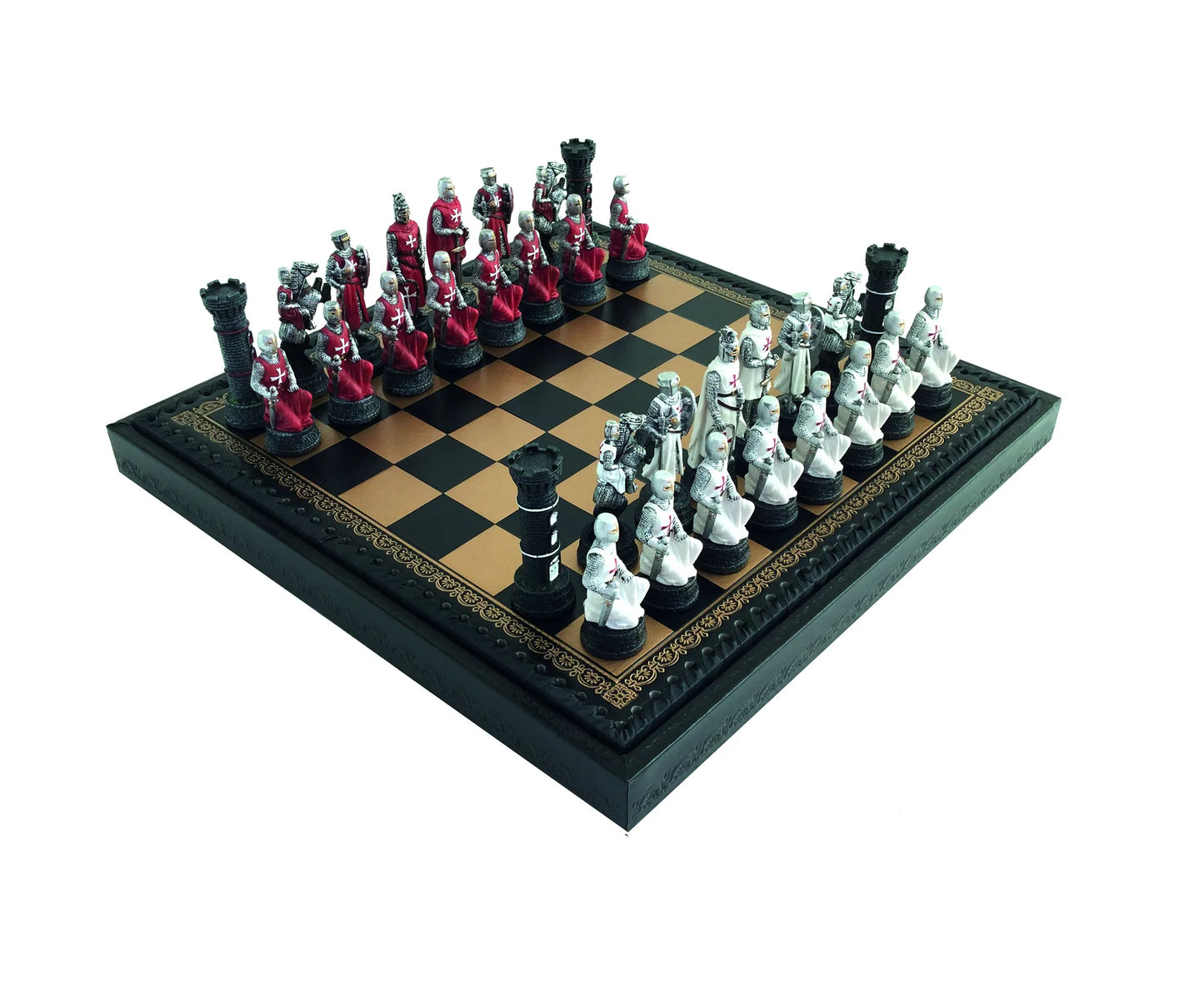 Gyanta sakkfigurák + műbőr sakktábla bábutartó rekesszel