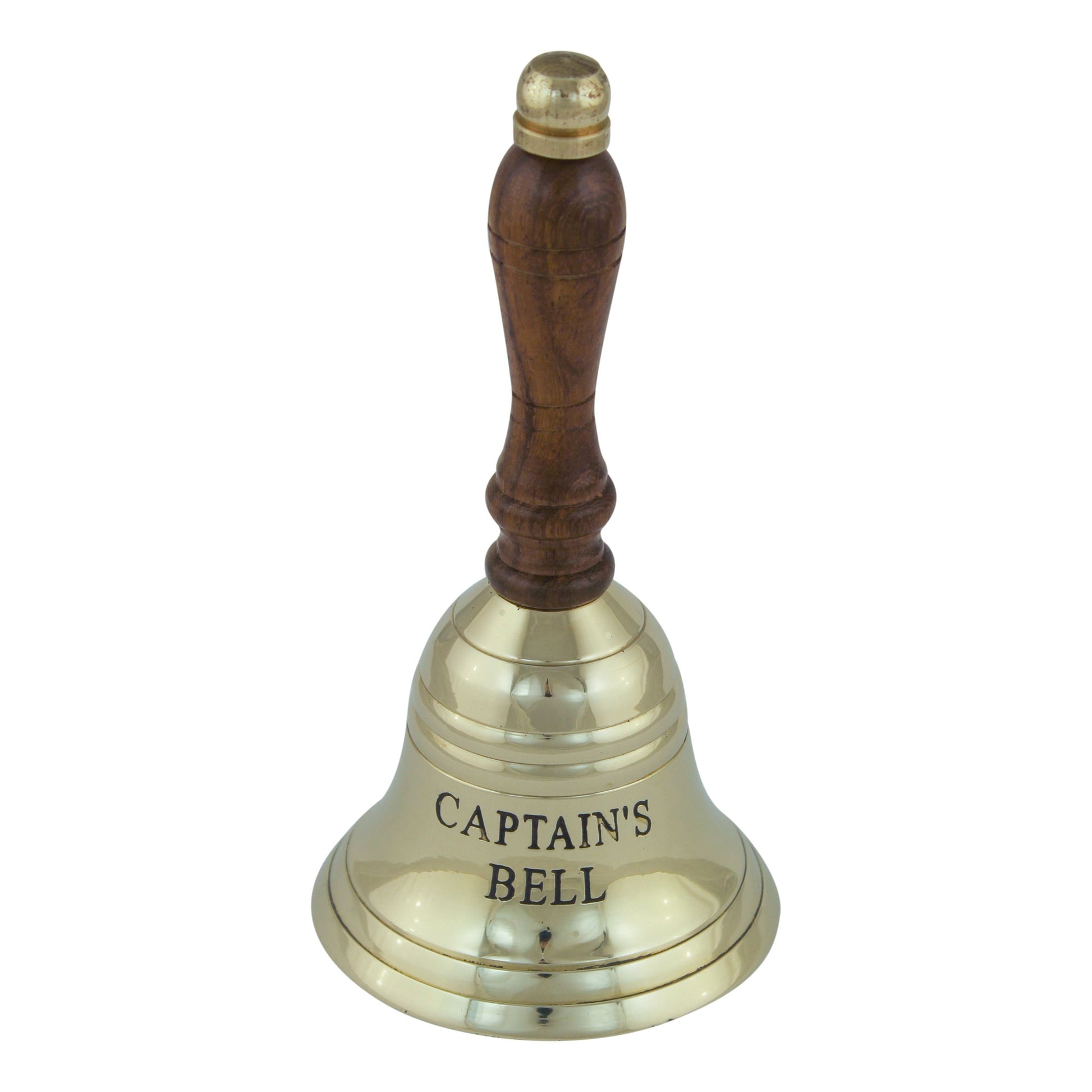 Asztali csengő, réz fa fogantyúval, kapitány csengő felirattal, m: 12,5 cm, ø: 6,5 cm