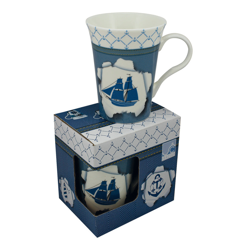 Bögre - hajó, porcelán, m: 10,5 cm, ø: 9,5/6,5 cm, díszdobozban