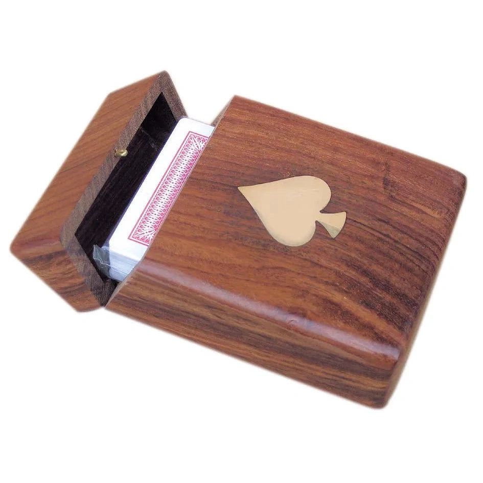 Fából készült kártyadoboz, felhajtható fedéllel, kártyákkal együtt