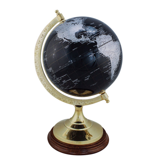 Glóbusz, fekete, sárgaréz/fa talppal, magasság: 34 cm, átmérő: 20/16,5 cm