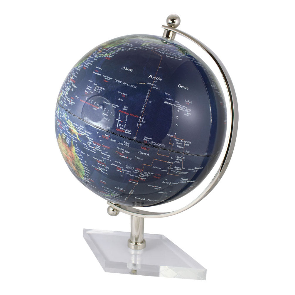 Glóbusz, sötétkék, nikkelezett réz akril talpon, m: 19 cm, átmérő: 12,5 cm
