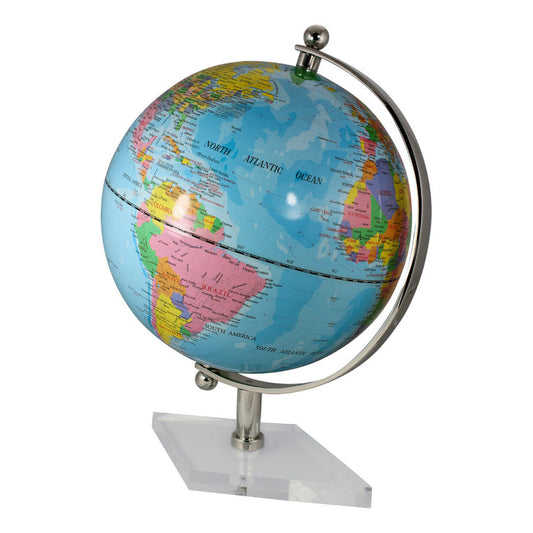 Glóbusz, világoskék, nikkelezett sárgaréz akril alapon, M: 44 cm, Átm: 30 cm