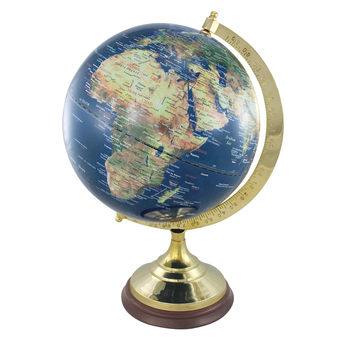 Földgömb, sötétkék, sárgaréz/fa talppal, m: 47 cm, átmérő: 30/20 cm