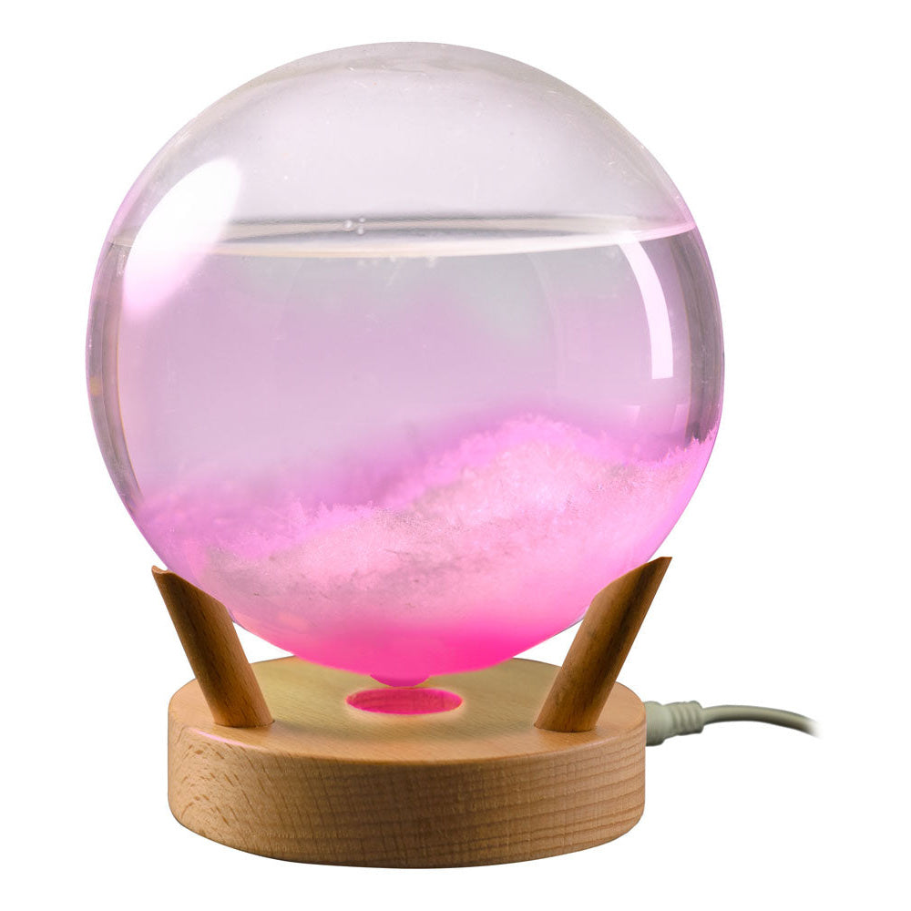Gömb alakú viharüveg, fa talppal és LED-fénnyel, m: 15cm, ø: 12/9cm