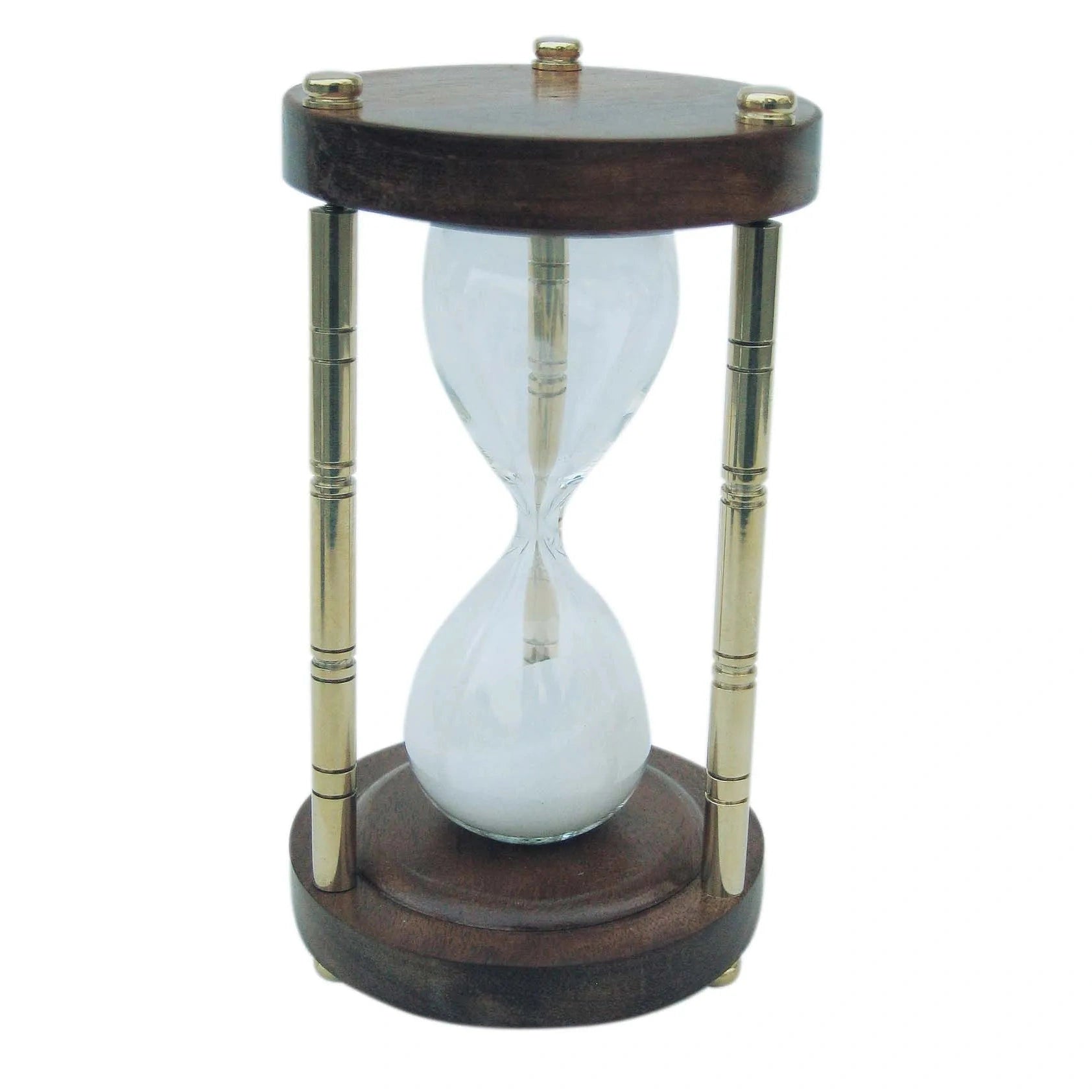 Homokóra, 3 oszlopos, sárgaréz/fa, kb. 5 perc, m: 15 cm, ø: 8 cm