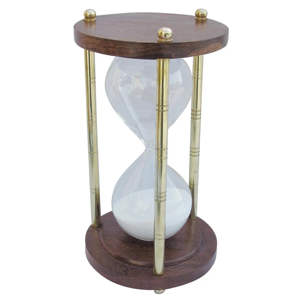 Homokóra, 3 oszlopos, sárgaréz/fa, kb. 60 perc, m: 23cm, ø: 12,5cm