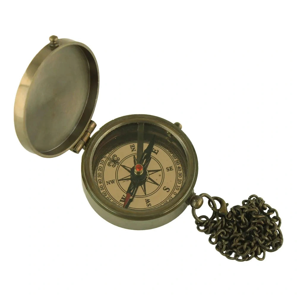 Iránytű fedéllel és lánccal, antik sárgaréz, Ø: 5cm, m: 1,8cm
