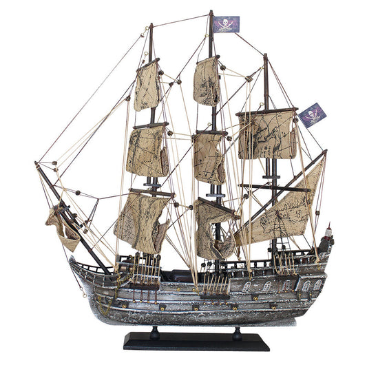 Kalózhajó, fából, szövet vitorlákkal, h: 50 cm, m: 56 cm – régi ezüst kivitelben