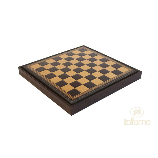 Műbőr sakktábla, arany/barna, sakkrekeszekkel, backgammon- és dámakészlettel