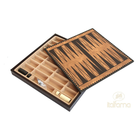 Műbőr sakktábla, arany/barna, sakkrekeszekkel, backgammon- és dámakészlettel