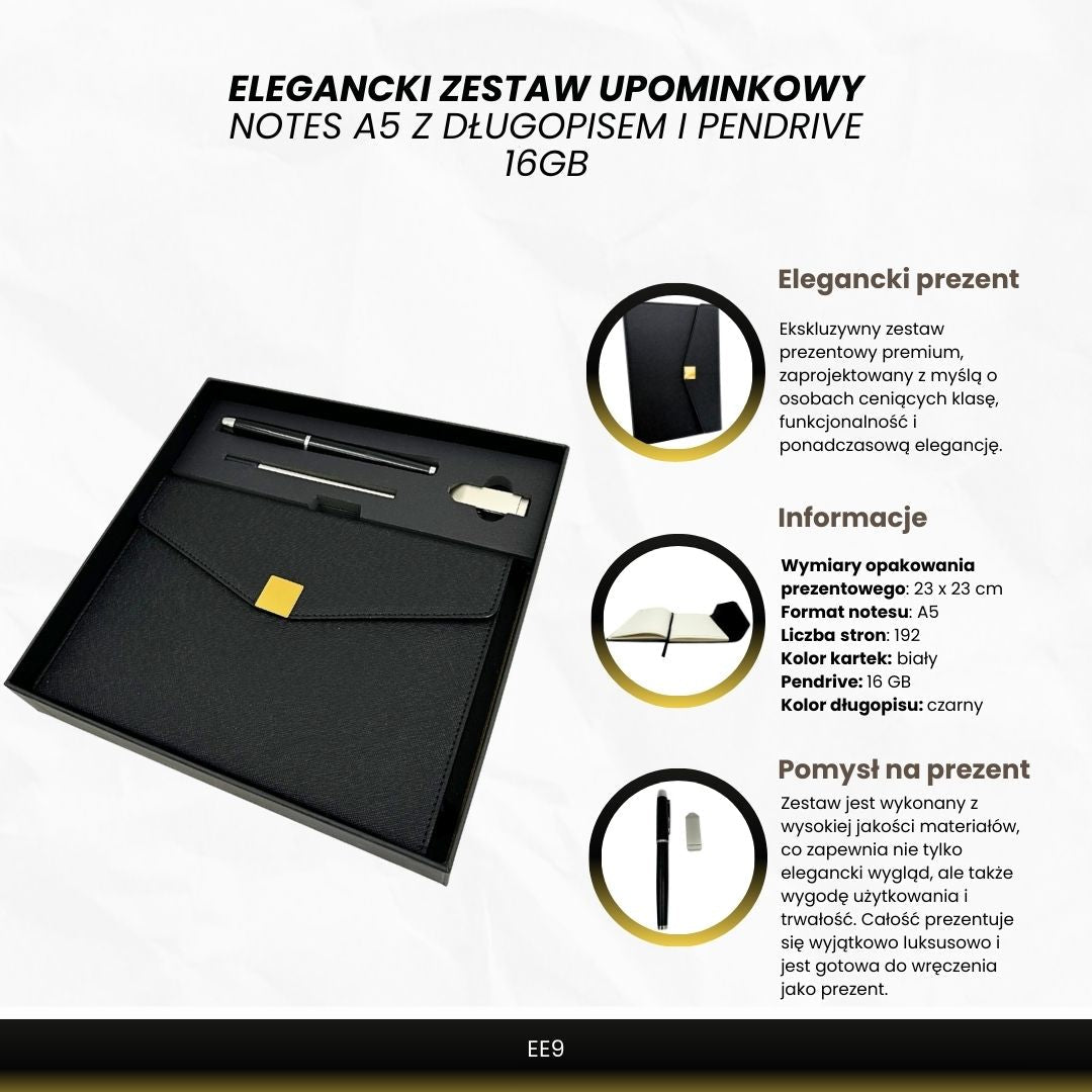 Prémium ajándék szett – A5 jegyzetfüzet, toll és 16 GB - os pendrive díszdobozban – fekete és arany - MODIANO