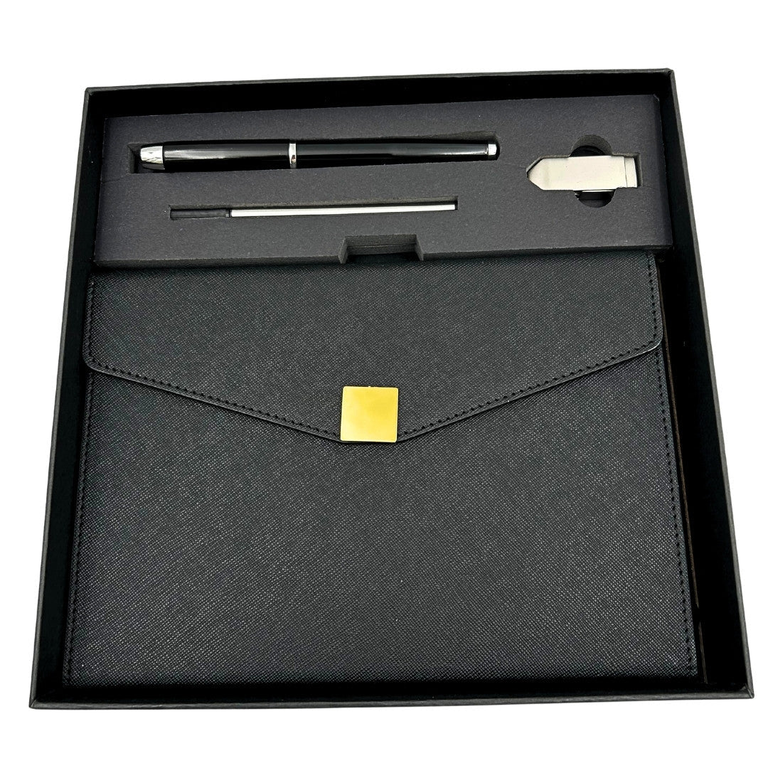 Prémium ajándék szett – A5 jegyzetfüzet, toll és 16 GB - os pendrive díszdobozban – fekete és arany - MODIANO