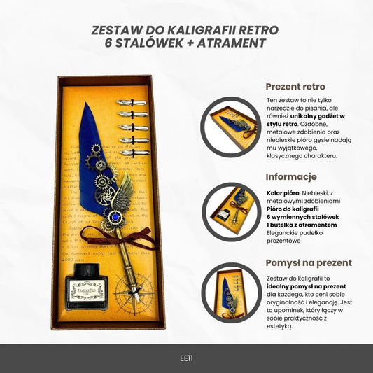 Retro kalligráfia készlet kék vintage lúdtollal – 6 tollhegy, tinta, díszdoboz - MODIANO