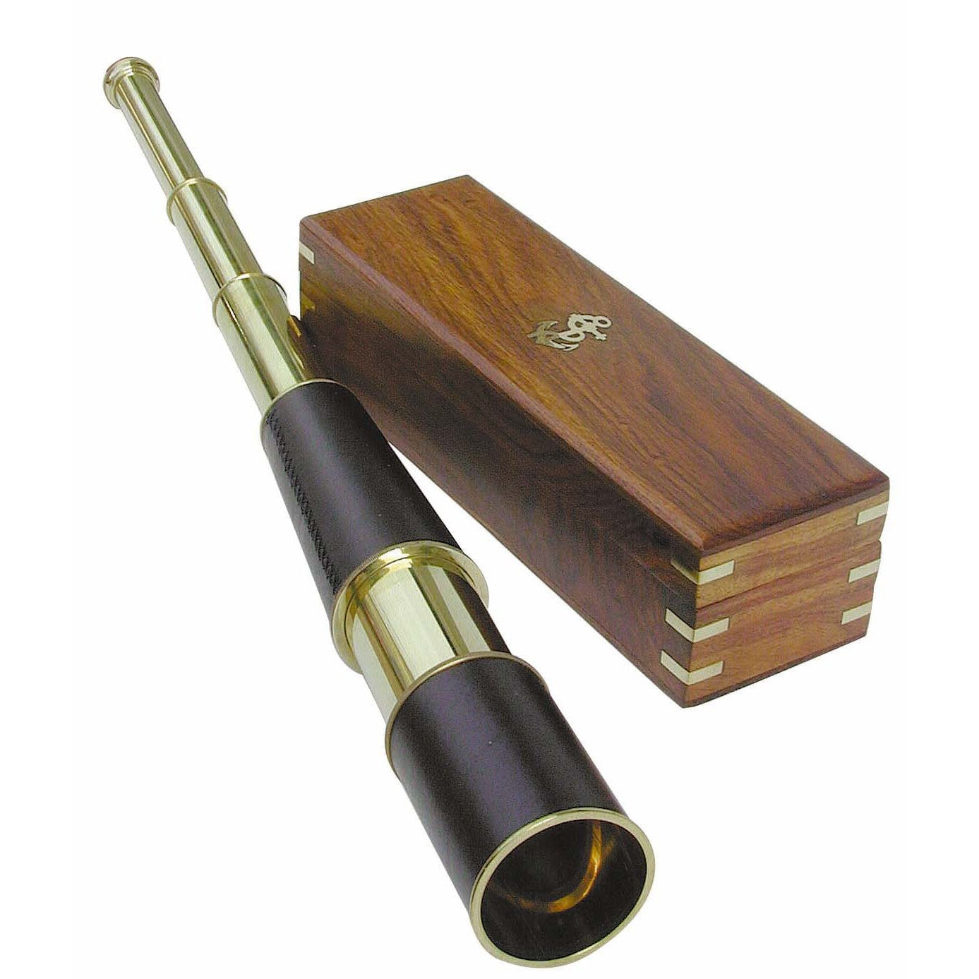 Távcső, bőr/réz, H: 27,5/88cm, Ø: 3,5/7cm, fadobozban
