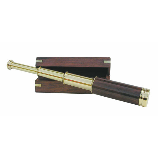 Távcső, fa/réz, hossza: 15/39 cm, átmérő: 2,5/4,5 cm, fadobozban