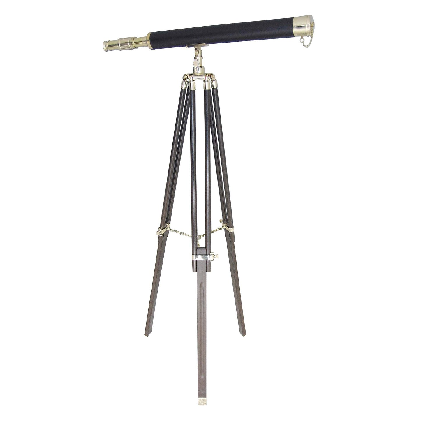 Teleszkóp állványon, réz/bőr/fa, h: 69 cm, m: 130 cm