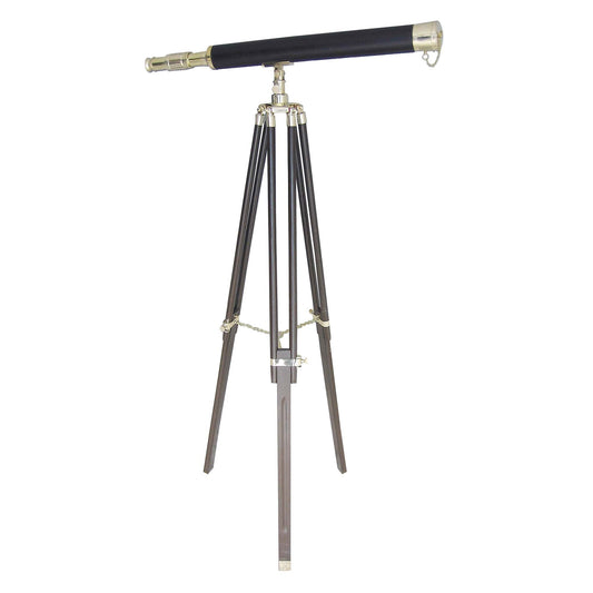 Teleszkóp állványon, réz/bőr/fa, h: 69 cm, m: 130 cm